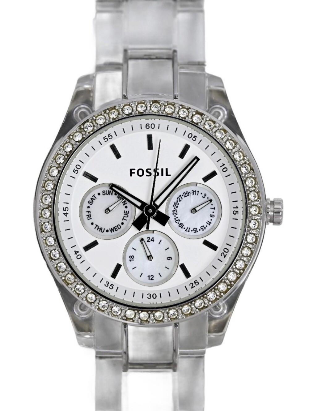 Fossil Stella Multifunction Silver-Tone Crystal Bezel Watch with Clear Strap